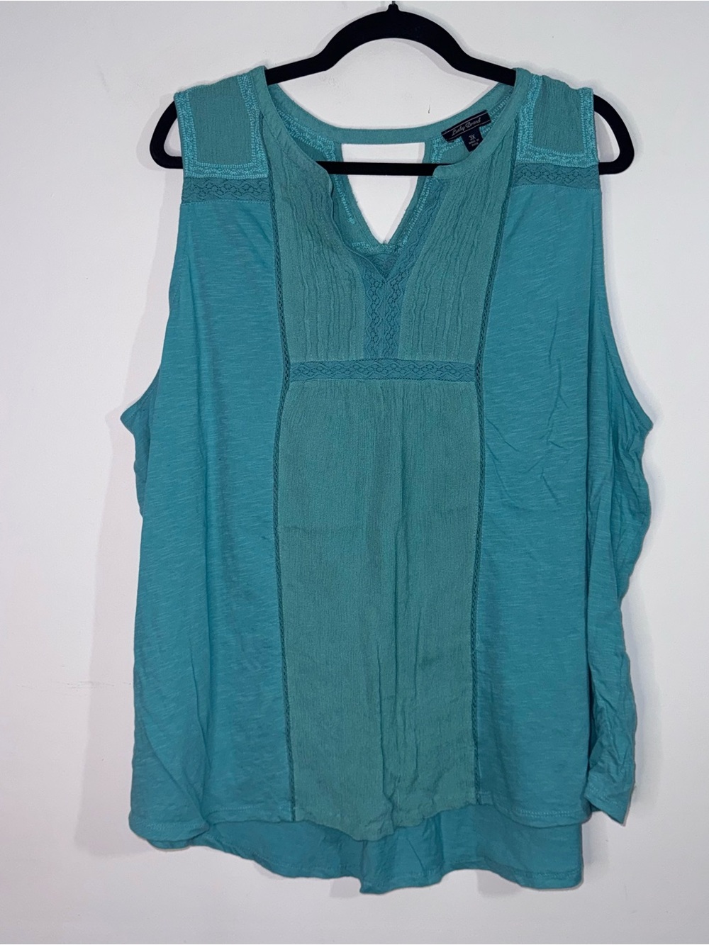 Lucky Brand 3X Teal Boho Sleeveless Blouse Lace Trim Flowy Peasant Top